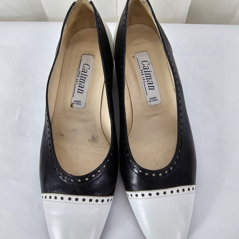 Caiman Leather Wingtip Perforated Pumps Black and White Shoes 36 - Picture 5 of 9